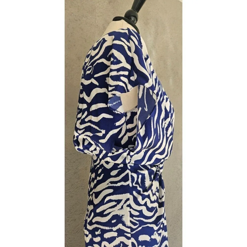 PRABAL GARUNG Blue and White Printed Silk Long Dress Ruched Bodice Size 8 - Picture 6 of 11